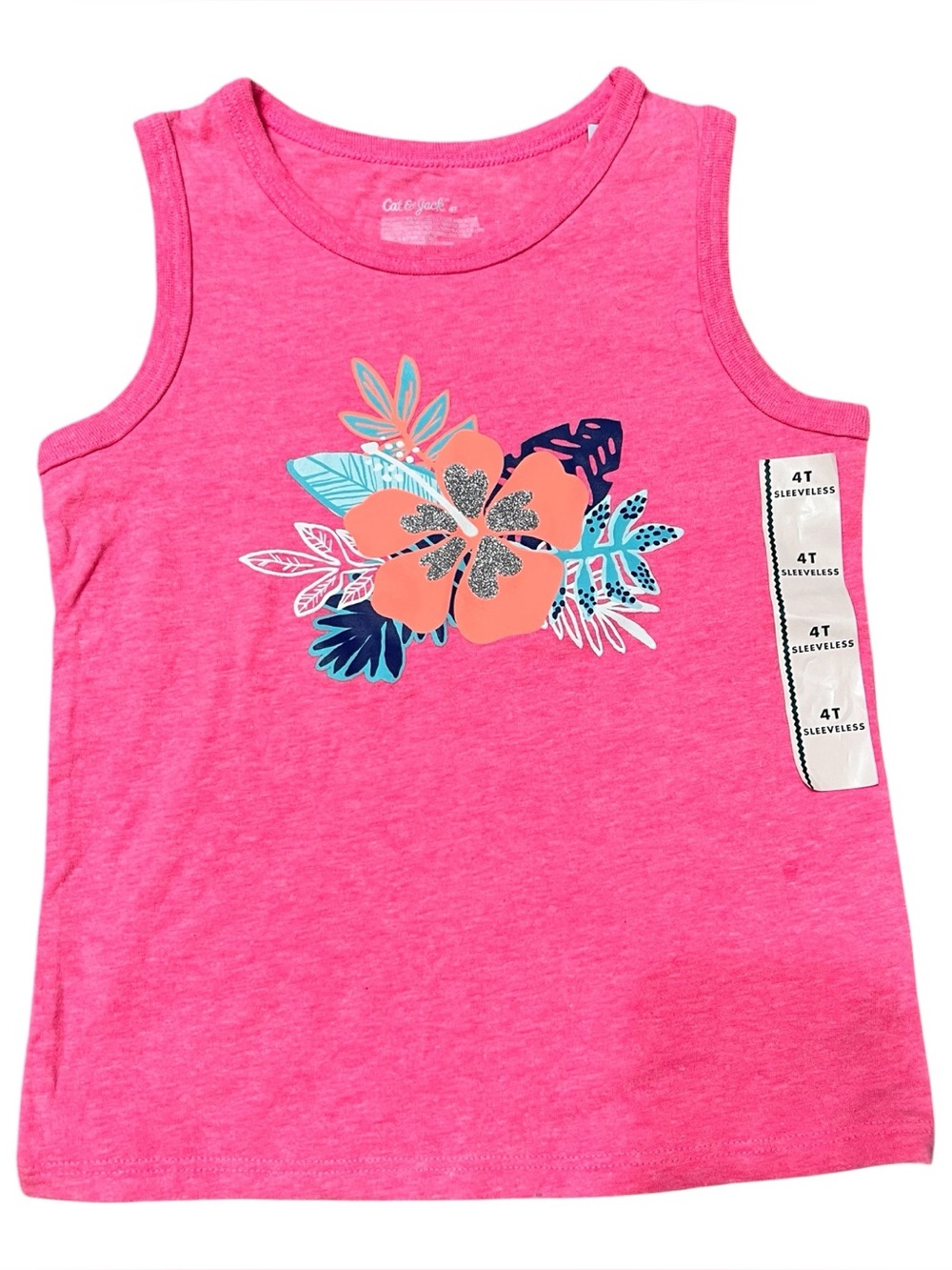 Cat & Jack Hot Pink Floral Tank Top with Coral & Navy Accents - Picture 2 of 3